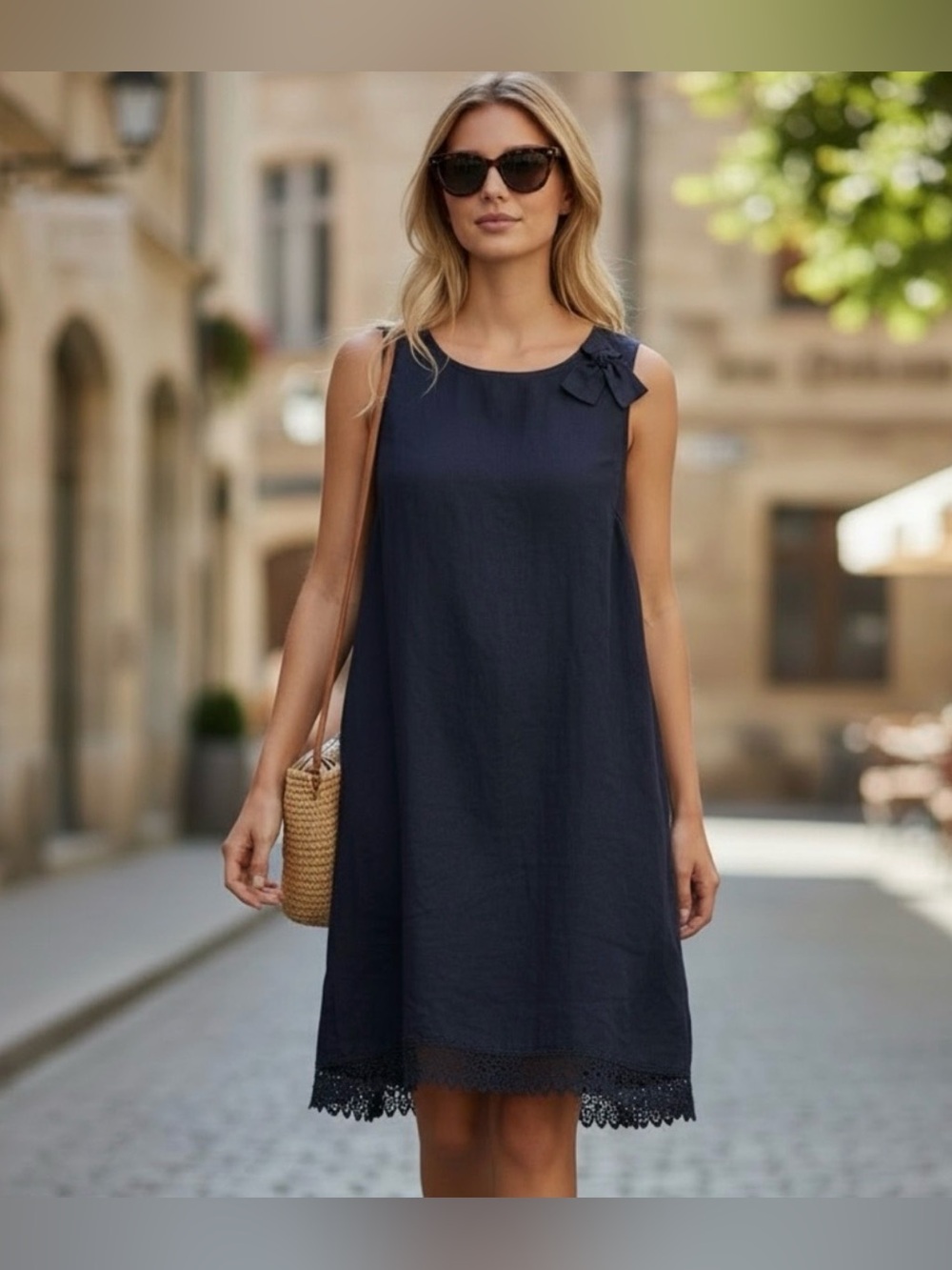 Bellambra Italy 100% Linen Sleeveless Shift Dress Navy Blue Bow Accent Size Smal